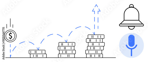 Dollar coin dropping onto stacked coins shows financial growth, arrow indicates rising earnings, with a bell for alerts and a microphone for voice commands. Ideal for finance, banking, savings