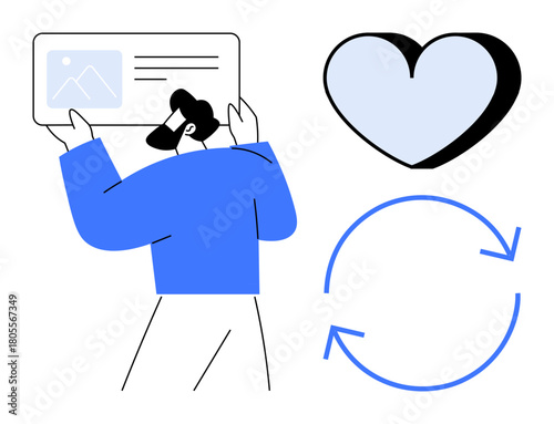 Person holding a card with an image, large heart shape symbolizing care, and circular arrows indicating renewal or continuity. Ideal for themes thumbs up identity, relationship, renewal, care