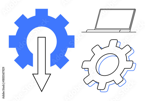 Blue gear with downward arrow, laptop, and outlined gear signifying optimization, process automation, and workflow management. Ideal for technology, engineering, business, progress productivity