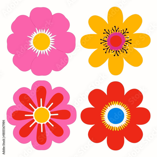 Bright retro flower clipart set featuring bold flat blooms in vibrant colors, clean shapes, and decorative elements perfect for digital design and craft projects
