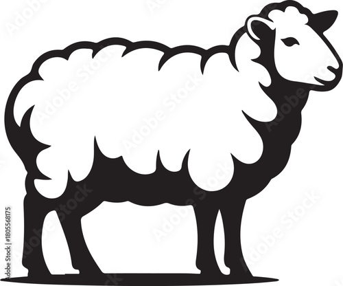 Black and white graphic illustration of a fluffy sheep standing profile view animal farm