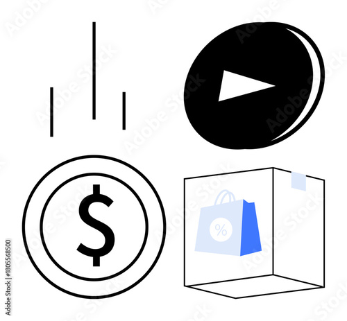Minimalist dollar coin, play button, and shopping bag with discount symbol inside outlined box with vertical lines. Ideal for e-commerce, marketing, savings, retail, transactions, investment digital