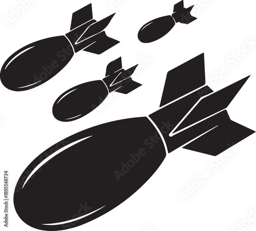 Black silhouette of multiple aerial bombs in flight against a white background explosion