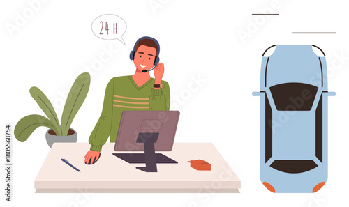 Support agent at desk using headset and computer, vehicle illustration nearby. Ideal for customer care, car assistance, online services, communication, technology, remote work, simple flat metaphor