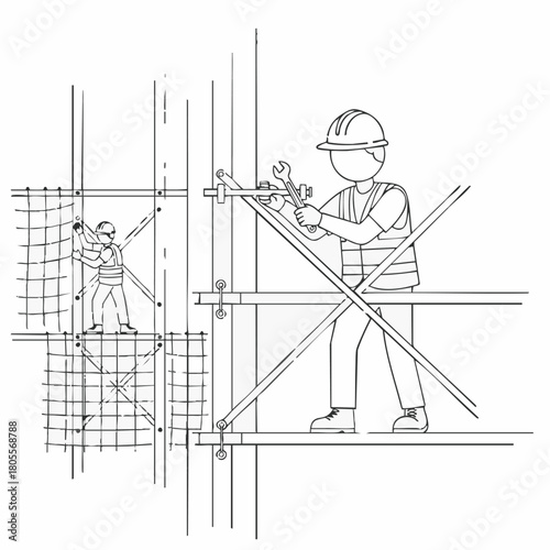 Construction workers meticulously assemble scaffolding, ensuring safety while utilizing tools for structural integrity and building support.