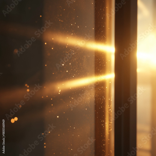 Golden light streaks through window with dust particles in the air view