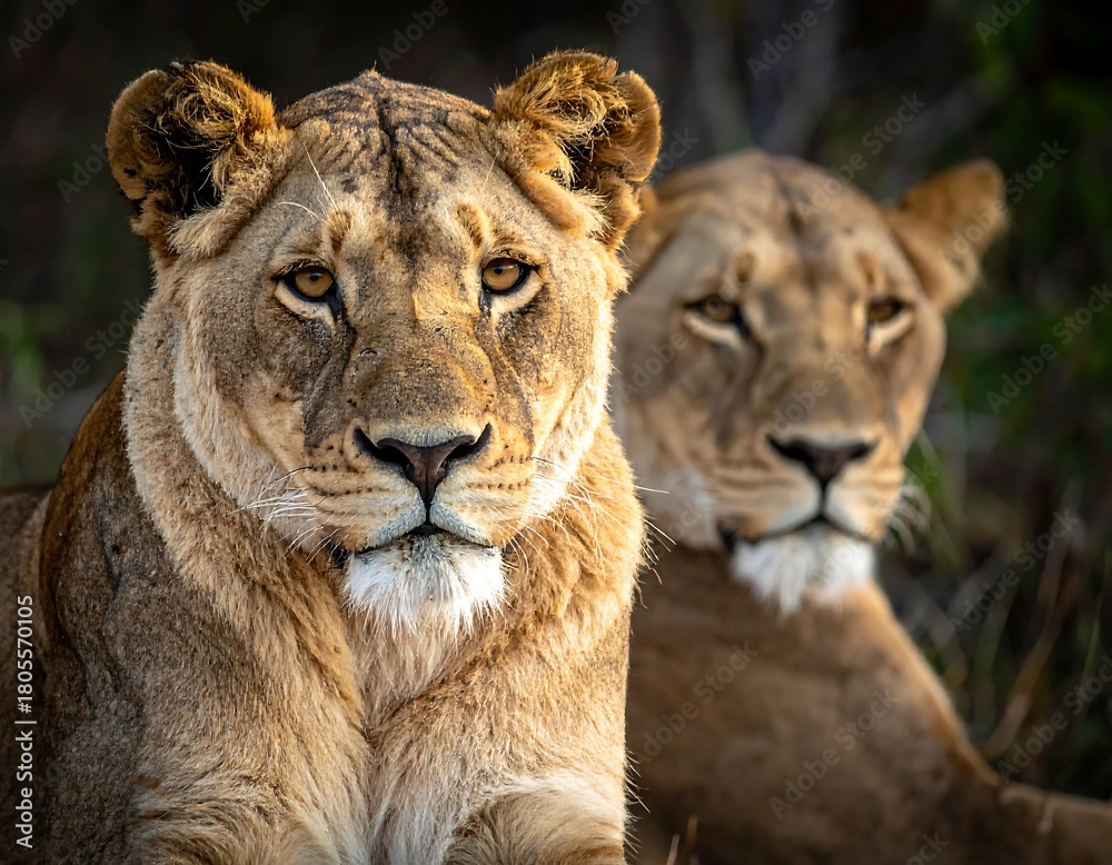 Fototapeta premium Close-up of two magnificent lionesses with intense gaze and fur details
