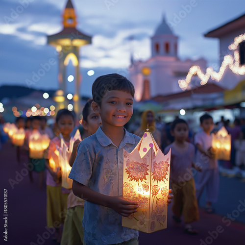 A boy holds a lantern while walking with other children at twilight