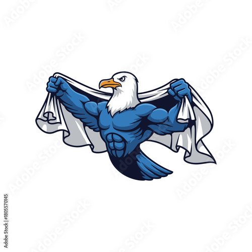Strong eagle with human body opening shirt like a superhero, cartoon mascot illustration on white background.
