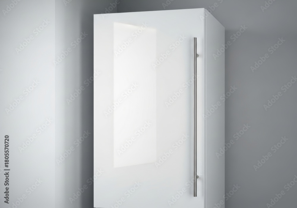 Naklejka premium High gloss white storage cabinet door positioned within a minimalist interior corner.