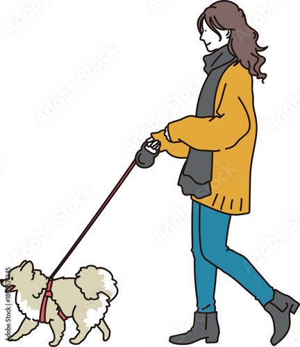小型犬と散歩する若い女性のイメージイラスト素材