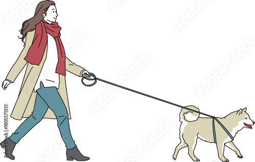 中型犬と散歩する若い女性のイメージイラスト素材