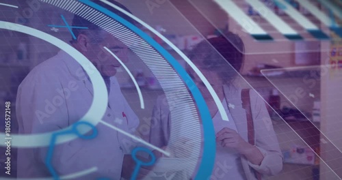 Pharmacist pointing at Rx initiating HUD rotating and revealing while customer checking health info