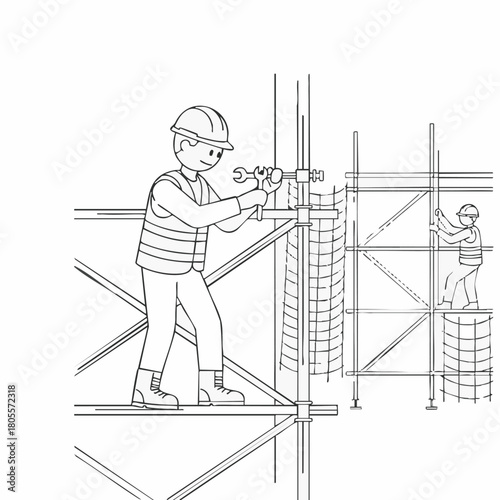 A construction worker meticulously tightens a bolt on scaffolding, ensuring safety and precision during the building process, while another works nearby.