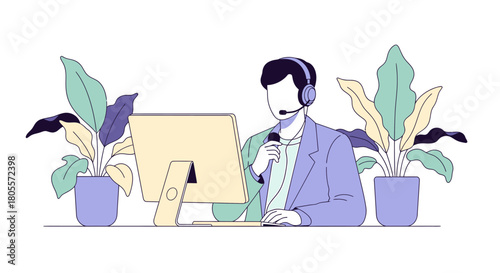 Customer service representative working at computer with headset.