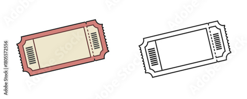 Flat graphic illustrated blank tickets with perforated edges and a barcode, one in color and one in outline, for cinema or event entry