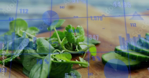 Knife entering right slicing cucumber into rounds, greens moving, overlay scrolling, showing prep