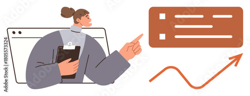 Female professional holding clipboard, pointing at tasks list and upward arrow chart. Ideal for teamwork, productivity, task management, business growth, leadership, data analysis, organization