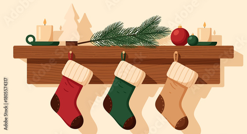 Festive Christmas Stockings Hanging on a Wooden Mantelpiece.