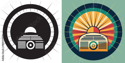 Retro radio broadcasting vibrant sunburst waves, capturing vintage audio nostalgia with energetic vintage design elements and a warm, inviting feel.