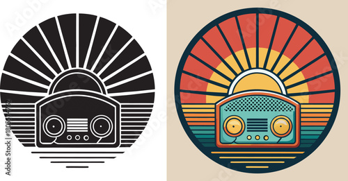 Retro radio emitting vibrant sun rays, evoking nostalgia and classic music vibes for a vintage aesthetic