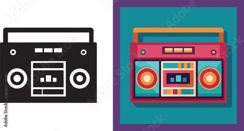 Retro boombox blasting vibrant tunes with a vintage feel, capturing the energy of classic music and retro style.