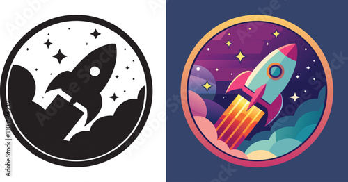 Dynamic rocket blasting through colorful clouds into starry space, symbolizing innovation and cosmic exploration for forward-thinking brands.