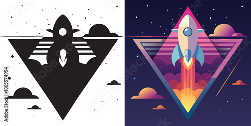 Dynamic retro rocket blasts off into vibrant cosmic nebula, symbolizing innovation and futuristic exploration