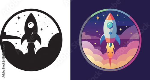 Vibrant rocket blasting off into starry cosmic sky with colorful clouds, symbolizing innovation and exploration.