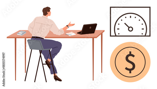 Man seated at desk discussing data insights with charts and dollar sign representing performance, goals, efficiency, success, progress, finance, and decision-making simple flat metaphor