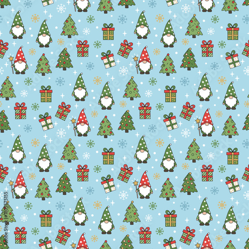 Cute Christmas New Year pattern vector. Seamless Gnome pattern with tree, gift, and snowflake. Christmas New Year Greeting Card Background.