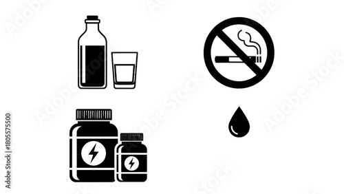 Vector illustration of health and lifestyle icons alcohol, no smoking, energy supplements, and water drop isolated on transparent background 