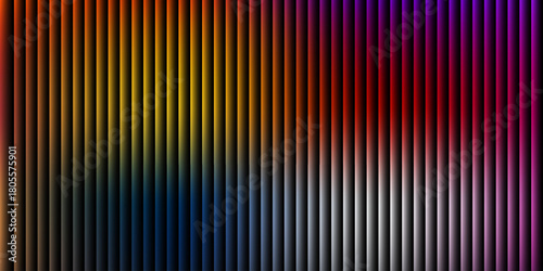 Glass ripple texture with dark gradient background and vivid orange, blue, and lilac light streaks. Futuristic distortion, moody abstract glow, reeded vertical blur. Vector illustration