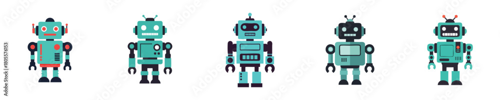 Fototapeta premium Robot Vector Set Flat Design Retro Cute Mechanical Robots Collection