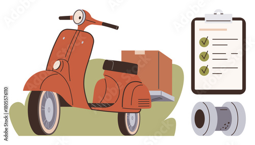Vintage scooter carrying package, checklist with marked items, tape roll symbolizing delivery, shipping, e-commerce, logistics, organization, productivity and business planning. Minimal flat