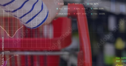 Shopper gripping red cart handle in grocery aisle, HUD appearing over handle updating retail graphs