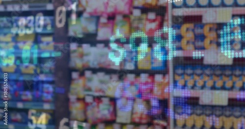 Numeric overlay appearing over store shelves, digits sliding, flashing and updating prices