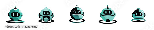 Robot Vector Illustration Futuristic Round Flat Design Friendly Bot Set