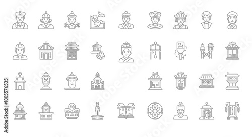 Collection of Asian Cultural Icons and Symbols Representing Architecture and People. Vector Illustrations. EPS Editable