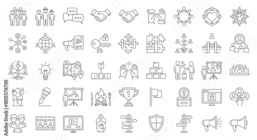 Collection of Business and Social Icons Representing Collaboration and Success. Vector Illustrations. EPS Editable