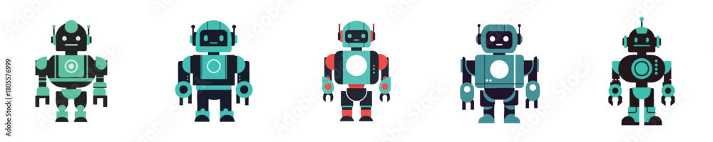 Fototapeta premium Robot Vector Flat Design Modern Humanoid Cute Mechanical Character Set