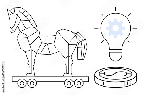 Geometric Trojan horse on wheels beside a glowing gear-filled light bulb and a coin. Ideal for cybersecurity, innovation, financial planning, strategy, deception, business, creativity. Minimalist