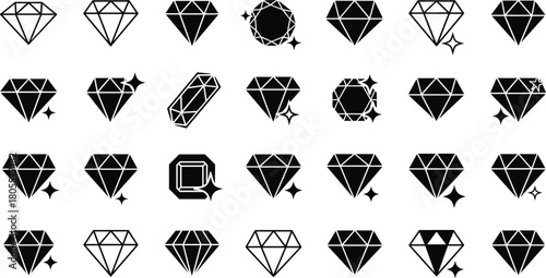 Elegant diamond icon collection featuring sparkling gemstone shapes, luxury jewel vector illustration set, minimalist crystal symbols for branding, decoration, design, and digital projects