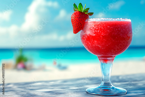 Refreshing frozen strawberry daiquiri with an icy texture and fresh fruit garnish on a wooden table, overlooking a tropical beach