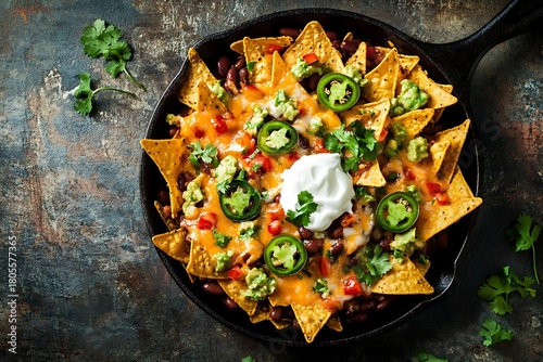Delicious loaded nachos are filling a cast iron skillet, featuring melted cheese, black beans, jalapeños, and a dollop of sour cream
