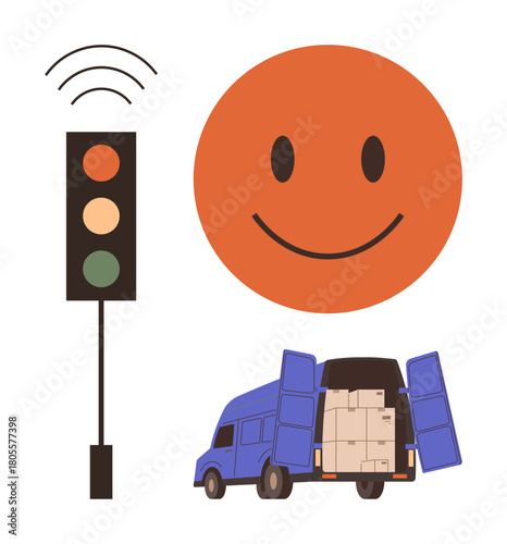 Delivery truck unloading packages near smiling face and smart traffic light. Ideal for logistics, smart technology, transportation, efficiency, urban planning, eco-friendly solutions, simple flat