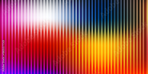 Glass ripple texture with dark gradient background and vivid orange, blue, and lilac light streaks. Futuristic distortion, moody abstract glow, reeded vertical blur. Vector illustration