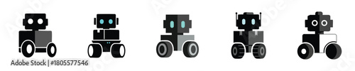 Robot Vector Monochrome Minimalist Wheeled Futuristic Mobile Service Bot Set
