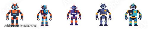 Robot Vector Retro Futuristic Colorful Flat Design Sci Fi Humanoid Bot Collection