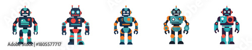 Robot Vector Retro Classic Futuristic Flat Design Colorful Sci Fi Humanoid Set